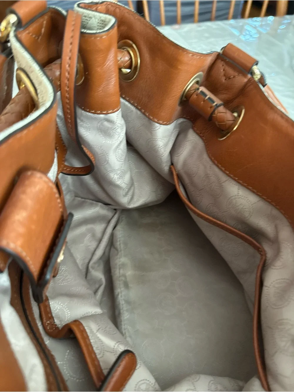 Michael Kors Cream Logo Canvas Tote with Brown Leather Trim and Tassel